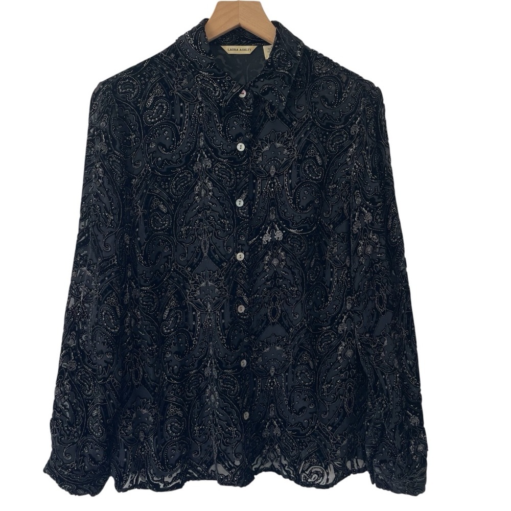 Laura Ashley VTG Button Top M Black Silk Velvet Burnout Witchy Whimsy Goth Vamp
